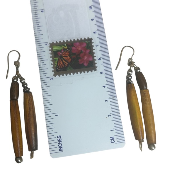 Native American Earrings Hairpipe Horn Bead Dangle Brown Handmade Silver Tone - Picture 2 of 4